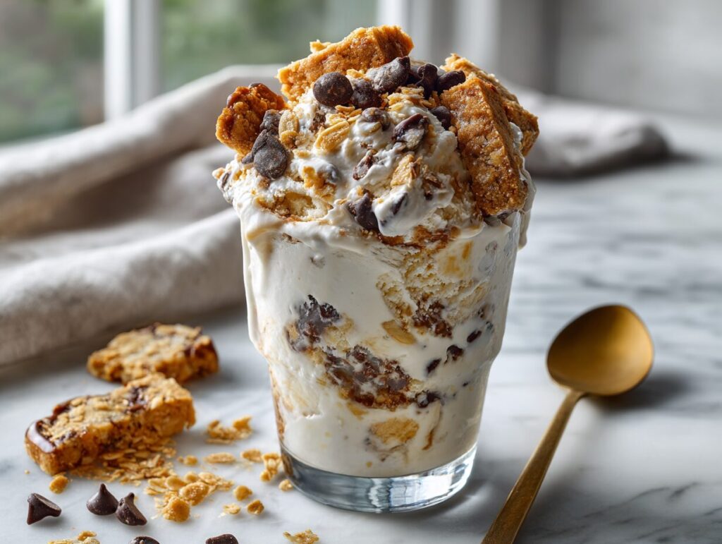 Folding cookie chunks and toasted croissant into freshly spun protein ice cream in a Ninja Creami pint
