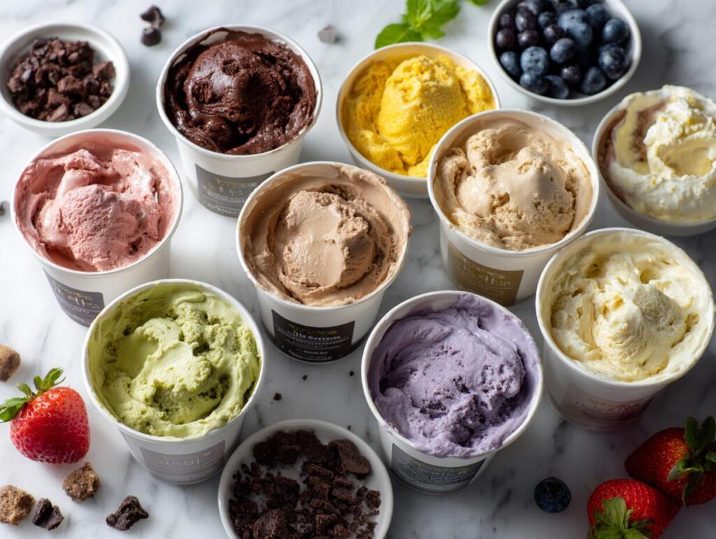 Eight cottage cheese Ninja Creami pints in different flavors with a Ninja Creami machine, editorial flat lay