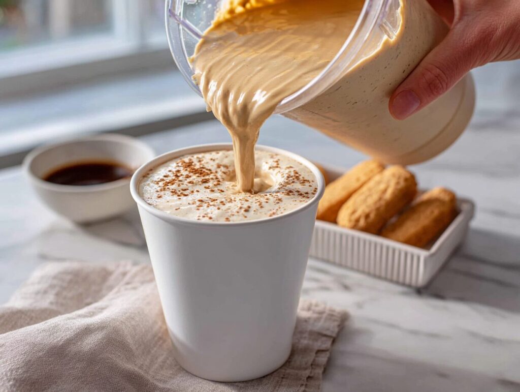 Pouring the smooth coffee colored protein base into a Ninja Creami pint before freezing
